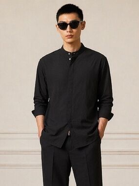 Vintage Kenzo Paris Black Nylon Button Shirt Band Collar Tech Minimalist XXL